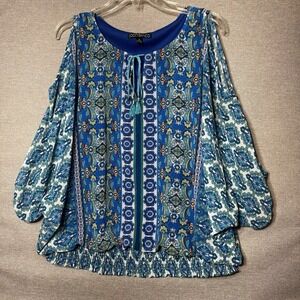 Coco Bianco Women's Top Medium Blue Boho Print Cold Shoulder Tassel Tie Blouse